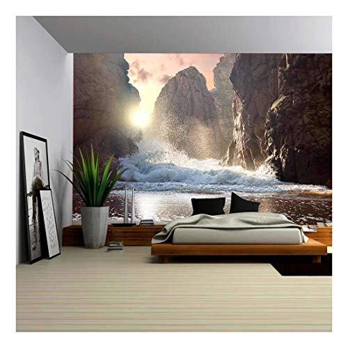 wall26 - Fantastic Big Rocks and Ocean Waves at Sundown Time. Dramatic Scene. Beauty World Landscape. - Removable Wall Mural | Self-Adhesive Large Wallpaper - 66x96 inches - color: Artwork - 22, size: 66"x96"