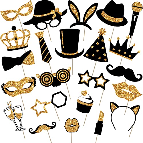 Zonon 24 Pcs Funny Photo Booth Props Class of 2026 Graduation Birthday Wedding Family Class Reunion Prom Disco Party Celebration Decoration Supplies Mix of Hats, Lipstick, Tie(Golden) - color: Golden