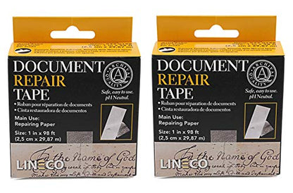 Lineco Archival Document Repair Tape, Repairs Paper Documents, Book Pages, Maps, Ephemera, Photos and Printed Artwork. Ideal for Family Archivist, Acid-Free Translucent Tape 1" x 98', Pack of 2 - size: 1"x98' (2 Pack)