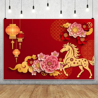 AOFOTO 5x3ft Happy Chinese New Year Backdrop China Spring Festival Lunar Year of The Horse Decoration Banner Paper Cut Flowers CNY Lanterns 2026 Background Party Supplies Photoshoot Studio Props - size: 5x3ft