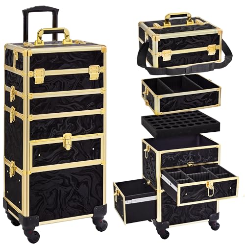 Somduy Rolling Makeup Case with Drawer, Makeup Train Case, 4 in 1Cosmetology Case on Wheels, Christmas Gift, Large Makeup Organizers, Profesional Cosmetic Case for Salon Barber, Pattern Black Gold - color: Black Gold