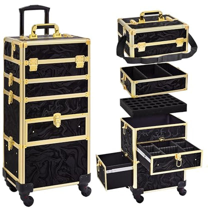 Somduy Rolling Makeup Case with Drawer, Makeup Train Case, 4 in 1Cosmetology Case on Wheels, Christmas Gift, Large Makeup Organizers, Profesional Cosmetic Case for Salon Barber, Pattern Black Gold - color: Black Gold