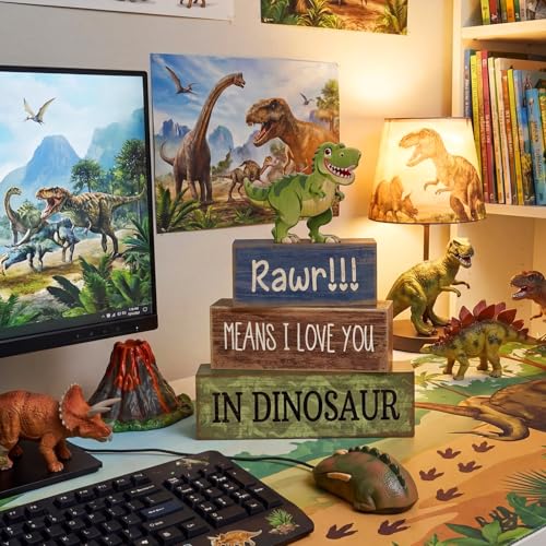 Lineshading 4 Pcs Dinosaur Table Decorations Wooden Dinosaur Decor Dino Safari Party Centerpieces for Table Jungle Animal Theme Baby Shower Tabletop Stand for Boys Girls Birthday Party Decorations - style: Dinosaur