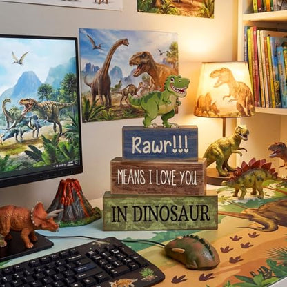 Lineshading 4 Pcs Dinosaur Table Decorations Wooden Dinosaur Decor Dino Safari Party Centerpieces for Table Jungle Animal Theme Baby Shower Tabletop Stand for Boys Girls Birthday Party Decorations - style: Dinosaur