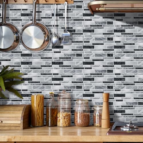 Heikki Peel-and-Stick Self-Adhesive Wall Tiles, 4.7×9.7-inch Kitchen & Bathroom Splashback Tiles, Marble Pattern Design (48-Piece Set) (Black-Gray) - color: Black-Gray