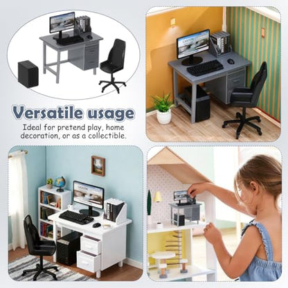 Garneck 2 Sets Miniature Dollhouse Office Desk Set: 1:12 Scale Computer Table Chair Keyboard Mouse Monitor Books CPU Accessories for Mini Furniture Display Pretend School Project