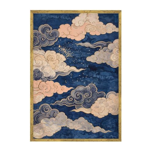 Framed Abstract Dreamy Clouds Canvas Print Vintage Minimalist Aesthetic Wall Art Poster Painting Pictures Elegant Home Decor Wall Decoration for Bedroom Living Room Office Wall Decor (24L"x36W",Gold Framed) - size: 24L"x36W"