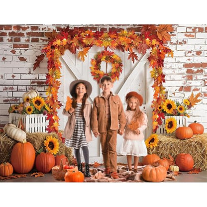 MEHOFOND 7x5ft Fall Thanksgiving Photography Backdrop Autumn Rustic Barn Wooden Door Brick Wall Background Pumpkin Maple Wreath Haystack Sunflower Harvest Party Decorations for Portrait Photo Props - size: 7x5ft