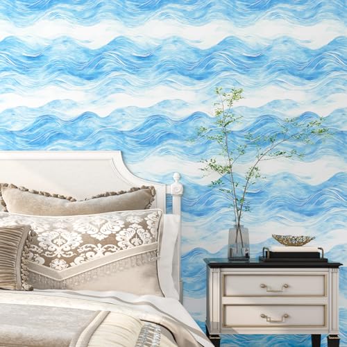 Blue Water Wave Peel and Stick Wallpaper, Casual Coastal Ocean Pattern Self Adhesive Wall Paper for Bathroom Cabinet Drawer, Vinyl Abstract Watercolor Style Contact Paper 17.5In x 118In - color: White/Cobalt Blue, size: 17.5" x 118"