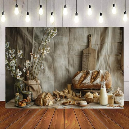 Bakery Baking Table Backdrop 8x6ft Morning Food Cake Table White Flower Photography Background Party Baby Shower Kid Birthday Photoshoot Banner Studio Photo Booth Props Banner Decorations - size: 8x6FT