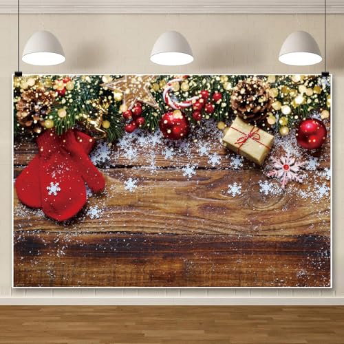 8x6ft Christmas Backdrop Rustic Barn Wood Wall Winter Snowflake Gloves Photography Backdround for Kids New Year Family Party Decoration Supplies Photo Studio Props - color: Brown Red, size: 8x6ft