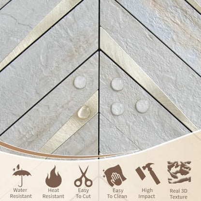 DICOFUN 10-Sheet Beige Slate Peel and Stick Backsplash, Faxu Stone PVC Stick on Backsplash Wall Tiles for Kitchen and Bathroom - color: Beige Slate and Metal Gold, size: 10 Sheets, 12"x12"x0.12"