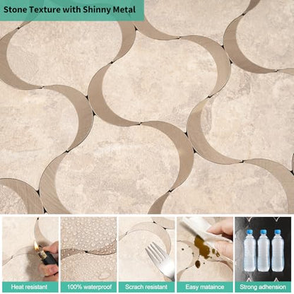 10 Sheet Arabesque Peel and Stick Backsplash Tile, Stick on Backsplash for Kitchen and Bathroom Wall, Beige Stone Look PVC Mixed Metal Aluminum - color: Beige Stone Mixed Metal Rose Gold