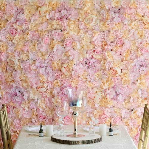 Efavormart Pack of 4 | 13 Sq. Ft. Pink Champagne Silk Flower Wall Panels, 3D Floral Backdrop Mat with Peonies and Hydrangeas for Bridal Showers and Photo Booths - color: Pink/Champagne
