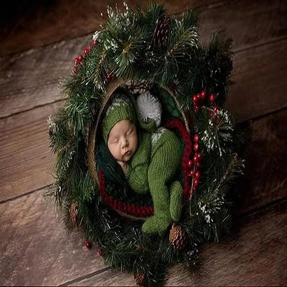 Christmas Newborn Baby Photo Shoot Props Outfits Crochet Clothes Santa Claus Red Hat Pants Photography Props - color: Green B