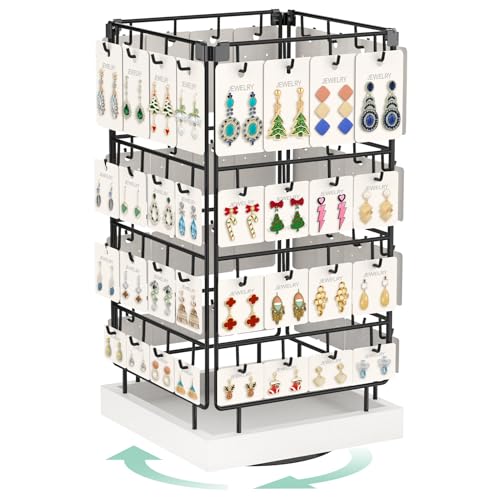 EsLuker.ly Rotating Earring Display Holder Stand for Vendors Events Selling, Large Capacity 64 Hooks Jewelry Rack with Wooden Base for Earring Card Sales, Enhances Retail Display Visibility - color: White+Black