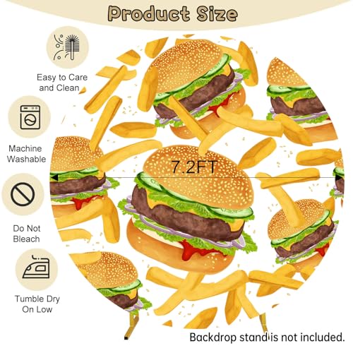 Hamburger French Fries Round Backdrop Cover 7.2x7.2ft Fast Food Photograhy Background Birthday Party Supplies Burger Shop Decoration Banner Photo Booth Props - size: 7.2x7.2