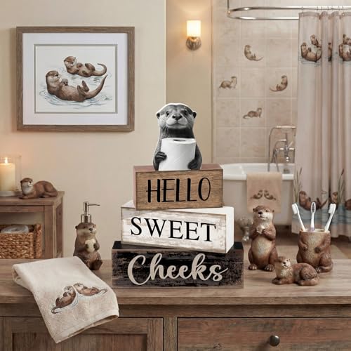 Moucuny 4 Pcs Otter Bathroom Decor Set Farmhouse Bathroom Decor and Accessories Rustic Hello Sweet Cheeks Wooden Blocks Signs with Toilet Paper Funny Toilet Shelf Decoration for Home Office Half Bath - style: Bathroom Otter