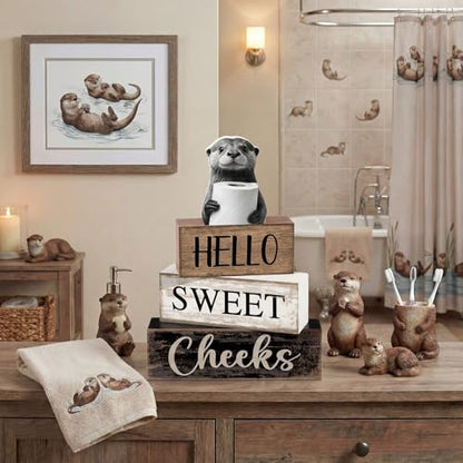 Moucuny 4 Pcs Otter Bathroom Decor Set Farmhouse Bathroom Decor and Accessories Rustic Hello Sweet Cheeks Wooden Blocks Signs with Toilet Paper Funny Toilet Shelf Decoration for Home Office Half Bath - style: Bathroom Otter