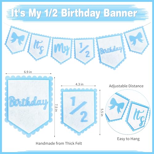 1/2 Birthday Girl Half Birthday Decorations - blue Bow It's My 1/2 Birth Banner, Glitter Cake Topper, Ribbon Bow Wood Bead High Chair Banner & Cone Hat, Halfway to One Baby Girl Party Supplies(Blue) - color: Blue