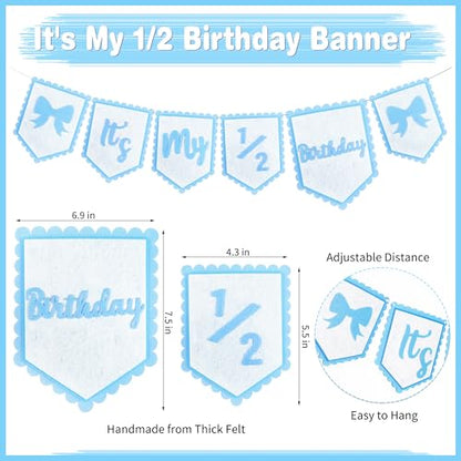 1/2 Birthday Girl Half Birthday Decorations - blue Bow It's My 1/2 Birth Banner, Glitter Cake Topper, Ribbon Bow Wood Bead High Chair Banner & Cone Hat, Halfway to One Baby Girl Party Supplies(Blue) - color: Blue