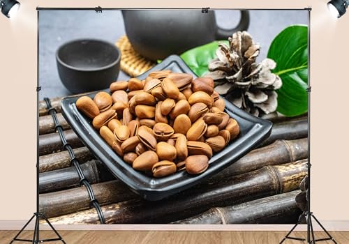 Pine Nut Tea Backdrop Asian Still Life Ceramic Dish Bamboo Mat Photograph for Kitchen Food Zen Theme Party Decorations Tapestry Dining Room Wall Hanging Photo Booth Studio Props 5X3ft Fabric - size: 5X3ft