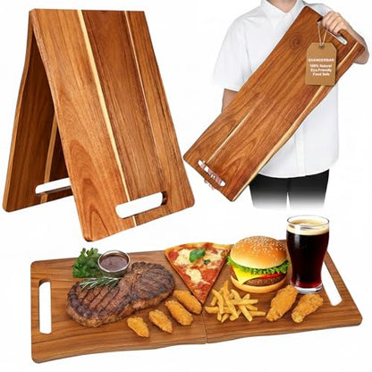 Large Charcuterie Board with Handles – 33 x 12 Inch Extra Large Acacia Wood Foldable Long Serving Tray – Portable Big Cheese Board and Long Cutting Board for Appetizers, Party, or Travel