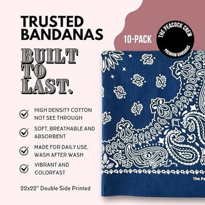 The Peacock Crew Premium Soft Cotton Bandanas Pack for Men and Women Paisley 22 x 22 inches - color: Pack of 10 Navy Blue