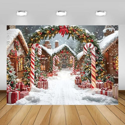 AIBIIN 7x5ft Winter Christmas Village Backdrop Snowy Candy Cane Lane with Christmas Trees Winter Wonderland Holiday Photography Background for Birthday Party Baby Shower Vinyl Studio Props - color: Christmas Village, size: 7x5ft