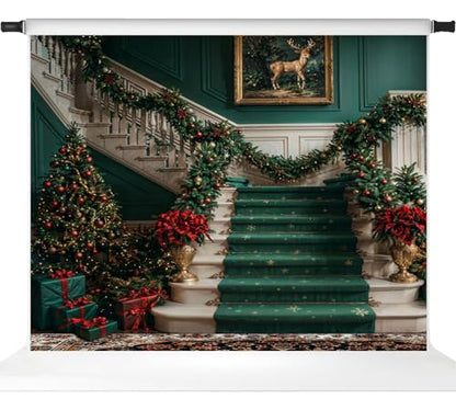 Kate Christmas Photography Backdrops Christmas Retro White Green Marble Staircase Backdrop, 10x8ft - size: 10x8ft