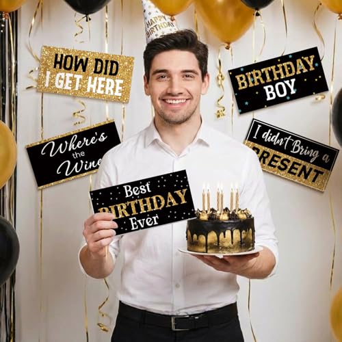 Beeveer 24 Designs Birthday Photo Booth Props Double Sided 11x5.5 Inch Happy Birthday Photo Booth Props 40th 50th 60th Funny Holiday Graduation Wedding Party Favors Supplies DIY Waterproof Selfie Sign - color: Black Gold, style: Birthday