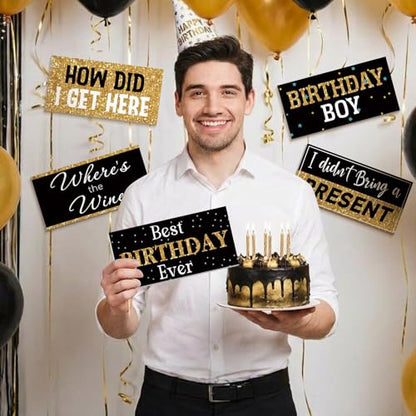 Beeveer 24 Designs Birthday Photo Booth Props Double Sided 11x5.5 Inch Happy Birthday Photo Booth Props 40th 50th 60th Funny Holiday Graduation Wedding Party Favors Supplies DIY Waterproof Selfie Sign - color: Black Gold, style: Birthday