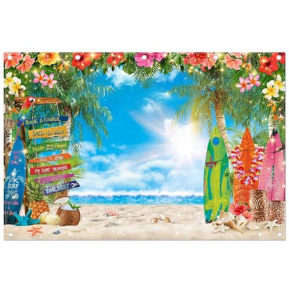 12x8ft Summer Hawaiian Beach Photography Backdrop Tropical Flower Palm Leaves Surfboard Background for Luau Aloha Party Decoration Banner Photo Booth - size: 12x8ft