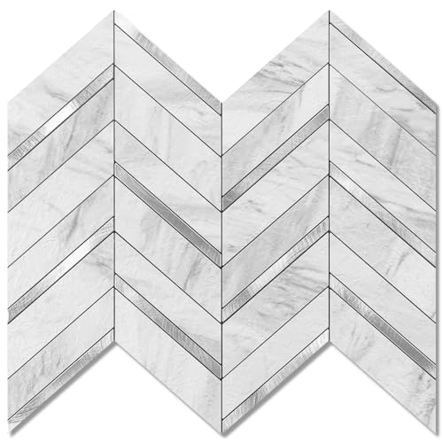 Herringbone Peel and Stick Backsplash, 10-Sheet Peel and Stick Wall Tiles Self Adhesive PVC Tile Stick on Backsplash Tiles for Kitchen Fireplace - color: White Marble Mixed Silver Metal