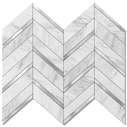 Herringbone Peel and Stick Backsplash, 10-Sheet Peel and Stick Wall Tiles Self Adhesive PVC Tile Stick on Backsplash Tiles for Kitchen Fireplace - color: White Marble Mixed Silver Metal