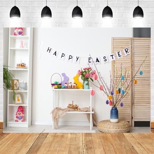 5x3ft Happy Easter Backdrop Spring Bunny Photography Background Easter Rabbits Colorful Eggs Floral Banner Cake Table Decoration Home Wall Decor Festival Party Decor - color: color 2, size: 5x3ft