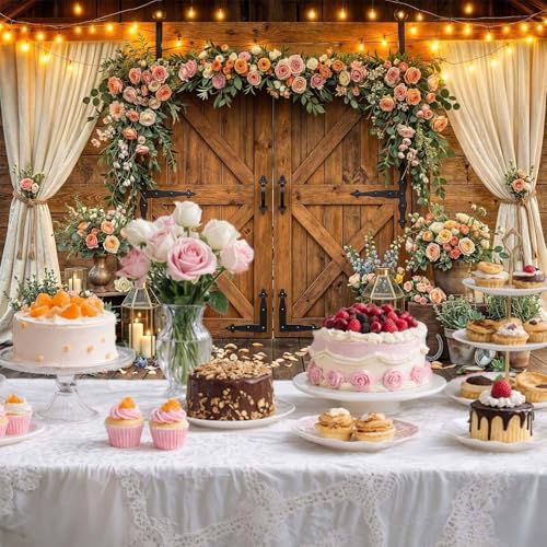 5x3ft Western Wedding Backdrop Rustic Barn Door Photography Backdrop Farmhouse Pink Flower Cabin Wooden Birthday Baby Shower Country Anniversary Bridal Party Banner Photo Booth Props Background - color: Multi90, size: 5X3FT