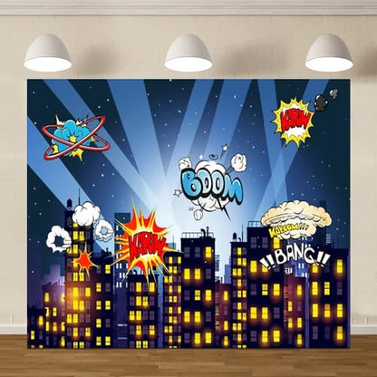 8x6ft Superhero Super City Photography Backdrops Cartoon Skyline Buildings City Boom Photo Backdrop Decorations Children Boys Birthday Party Cake Table Banner Background Studio Booth - size: 8X6FT