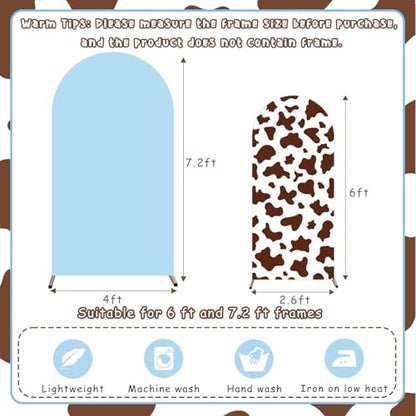 2Pcs Cow Print Arch Backdrop Covers Set Light Blue Brown(7.2ft+6ft), Spandex Fitted Arch Stand Covers for Baby Shower Birthday Bridal Shower Western Farm Cowboy Photo Booth Background - color: Light Blue & Brown-Cow Print, size: 7.2FT/6FT