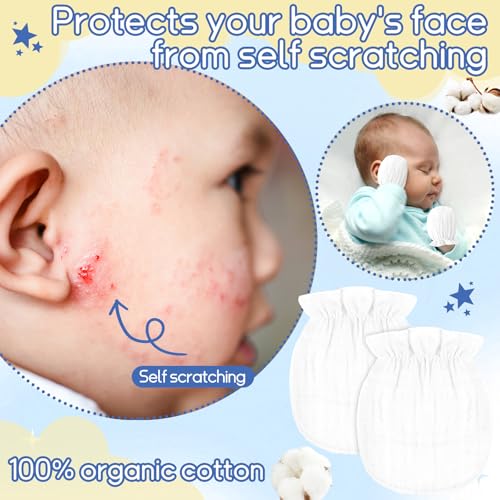 Newborn Baby Muslin Mittens 0-6 Months No Scratch Elastic Wrist Soft Breathable Gloves Bulk Cotton for Infant - color: White