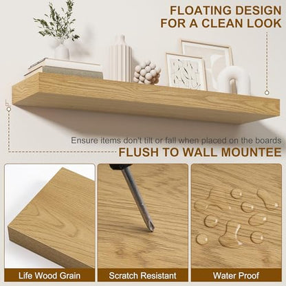 Fun Memories 66 Inch Fireplace Mantel - Long Floating Shelf, Wall Mounted Farmhouse Display with Invisible Heavy Duty Metal Bracket, Oak, 2 Pack - color: Oak, size: 67"W x 6.5"D
