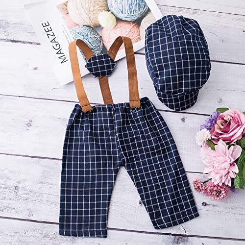 Newborn Monthly Baby Photo Props Stripe Checked Flat Cap Newsboy Suspender Pants Romper for Photography Outfits - color: Dark Blue