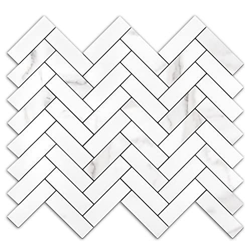 STICKGOO 10 Sheets Herringbone Peel and Stick Backsplash, Stick on Aluminum Composite PVC Kitchen Backsplash, Marble White Mixed Light Grey Look Self Adhesive Wall Tiles - color: Calacatta