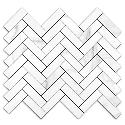 STICKGOO 10 Sheets Herringbone Peel and Stick Backsplash, Stick on Aluminum Composite PVC Kitchen Backsplash, Marble White Mixed Light Grey Look Self Adhesive Wall Tiles - color: Calacatta