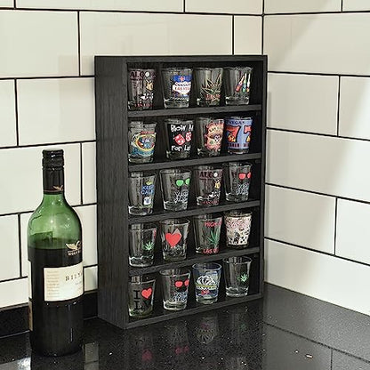 Ikee Design Wooden Wall-Mounted Display Shelves Rack for Collectibles, Figures,Shot Glasses,Spice Can,Cosmetics or Perfume, 5 Adjustable Height Shelves,Space-Saving, Black Color - color: Black, 5 Shelves