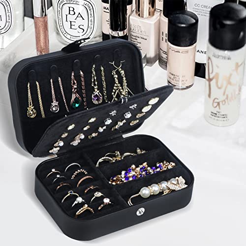 Hatori Travel Jewelry Box, PU Leather Small Jewelry Organizer for Women Girls, Portable Mini Travel Case Display Storage Holder Boxes for Stud Earrings, Rings, Necklaces, Bracelets (Black02) - color: Black02