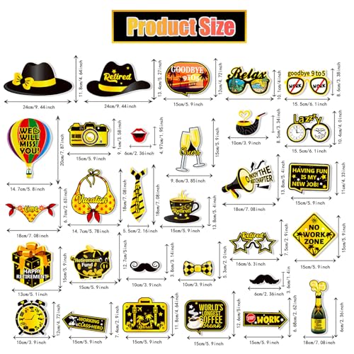 30 Pieces Retirement Photo Booth Props Happy Retirement Party Decorations Retirement Party Favors for Men Women Photobooth Kits with Sign for Party Decor Supplies (Dark Black&Yellow) - color: Dark Black&yellow