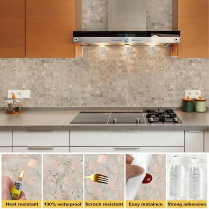 Yipscazo Peel and Stick Backsplash Tile, Stick on Stainless Steel Look Backsplash Metal Tiles for Kitchen Walls in Beige Stone Mixed Metal (12''x12'',10 Sheets) - color: Beige Stone mixed Metal