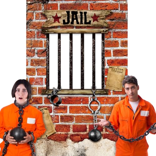 Lunmon Red Jail Backdrop for Photography 6 x 4 ft Prison Cell Photo Prop with Head Cutout Western Prison Backdrop Jail Photo Background for Murder Mystery Crime Scene Party Halloween Jail Prison Decor - color: Red Jail Prison