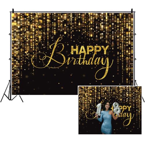 Happy Birthday Backdrop for Photography 6x4ft Luxury Black and Gold Birthday Party Backdrop Background Banner Bokeh Glitter Men Birthday Party Decorations Supplies Wallpaper Studio Props - color: Black Gold02, size: 6x4ft